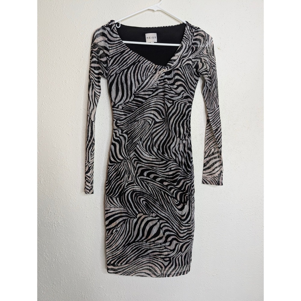Reiss Womens Zebra Print Mesh Bodycon Dress Size 0 Black Long Sleeve Party